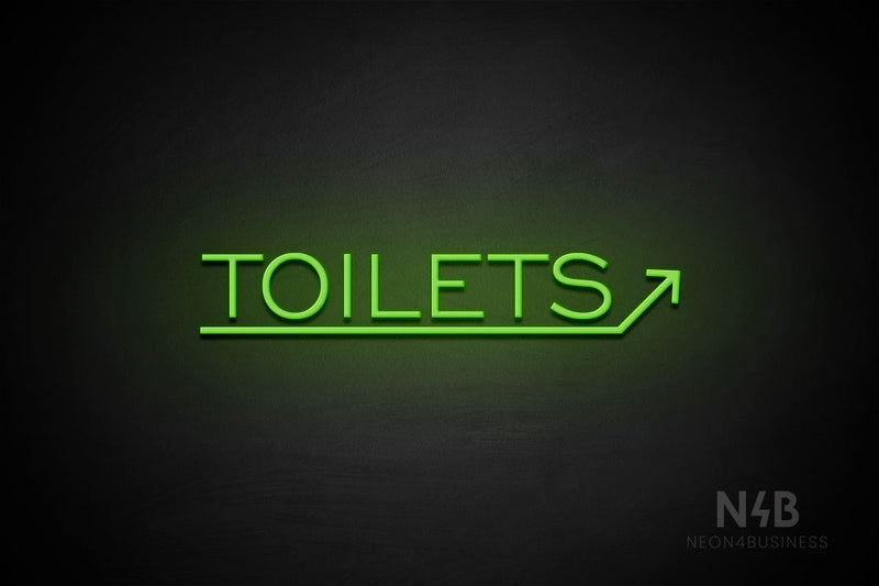 "TOILETS" (capitals, right up arrow, One Day font) - LED neon sign