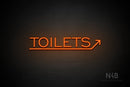 "TOILETS" (capitals, right up arrow, One Day font) - LED neon sign