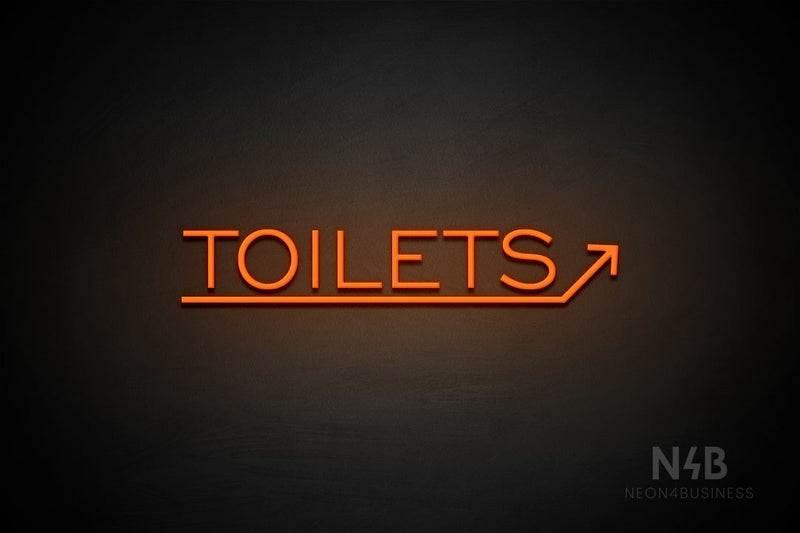 "TOILETS" (capitals, right up arrow, One Day font) - LED neon sign