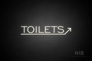 "TOILETS" (capitals, right up arrow, One Day font) - LED neon sign