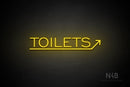 "TOILETS" (capitals, right up arrow, One Day font) - LED neon sign