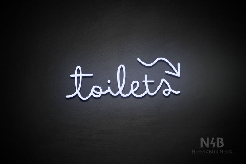 "Toilets" (right up arrow, Bandita font) - LED neon sign
