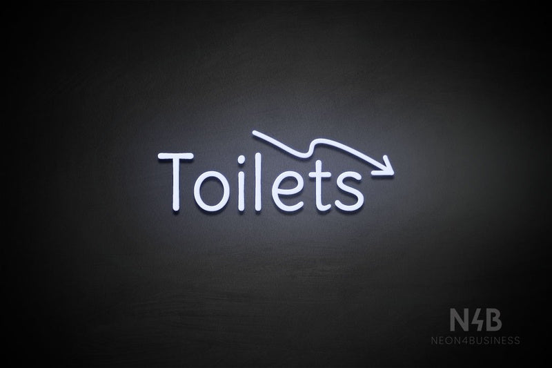 "Toilets" (right down arrow, Alive font) - LED neon sign