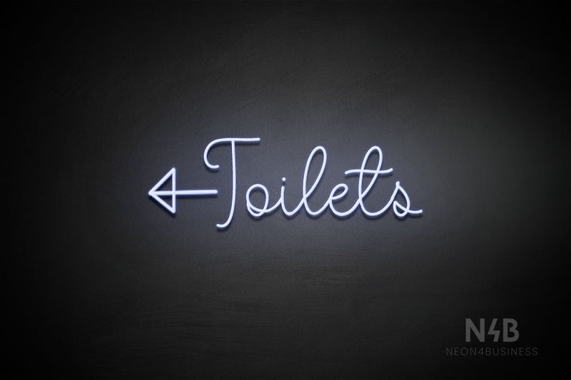 "Toilets" (left arrow, Melinda font) - LED neon sign