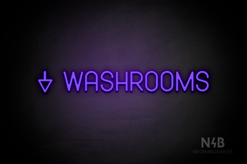 "WASHROOMS" (left down arrow, Havanola font) - LED neon sign