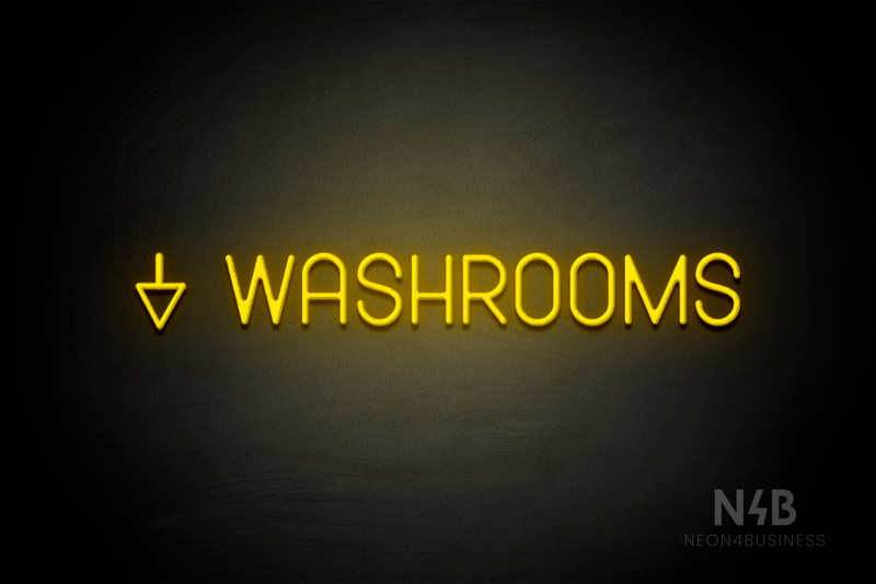 "WASHROOMS" (left down arrow, Havanola font) - LED neon sign