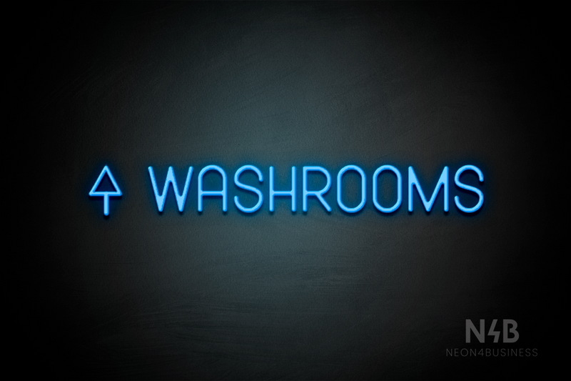 "WASHROOMS" (left up arrow, Havanola font) - LED neon sign