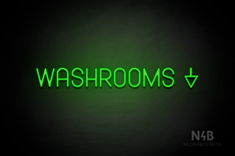 "WASHROOMS" (right down arrow, Havanola font) - LED neon sign