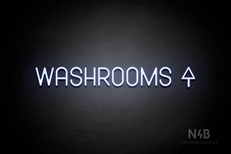 "WASHROOMS" (right up arrow, Havanola font) - LED neon sign