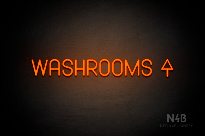 "WASHROOMS" (right up arrow, Havanola font) - LED neon sign