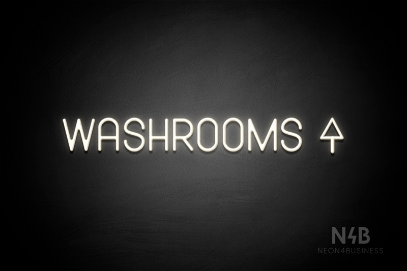 "WASHROOMS" (right up arrow, Havanola font) - LED neon sign