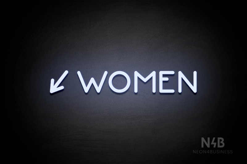 "WOMEN" (left arrow tilted downwards, Mountain font) - LED neon sign