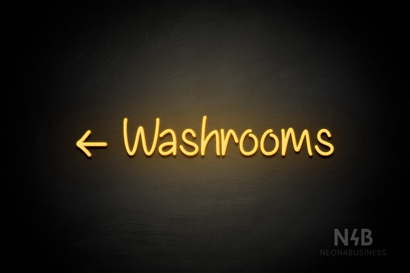 "Washrooms" (left arrow, Butterfly font) - LED neon sign