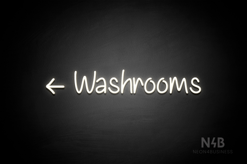 "Washrooms" (left arrow, Butterfly font) - LED neon sign