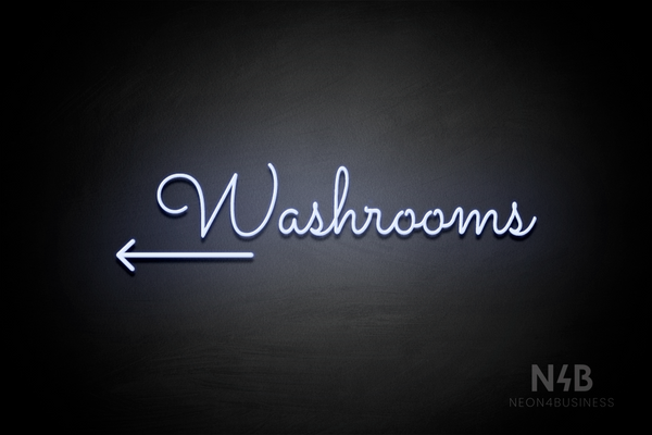 "Washrooms" (left arrow, Kidplay font) - LED neon sign