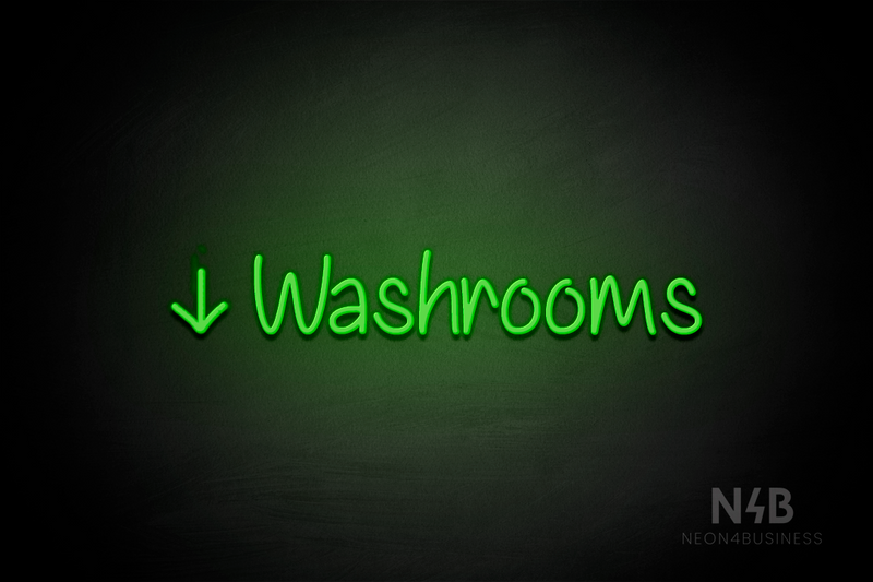 "Washrooms" (left down arrow, Butterfly font) - LED neon sign