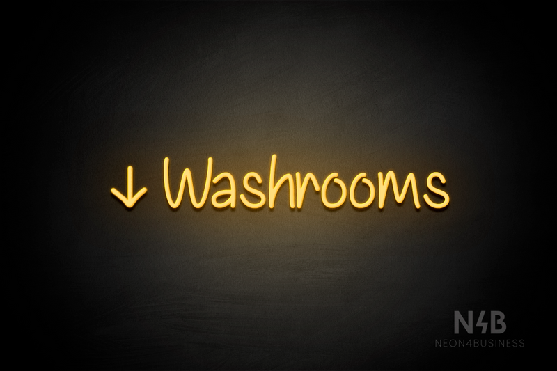 "Washrooms" (left down arrow, Butterfly font) - LED neon sign