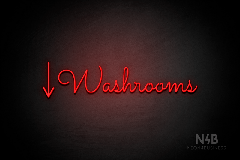 "Washrooms" (left down arrow, Kidplay font) - LED neon sign