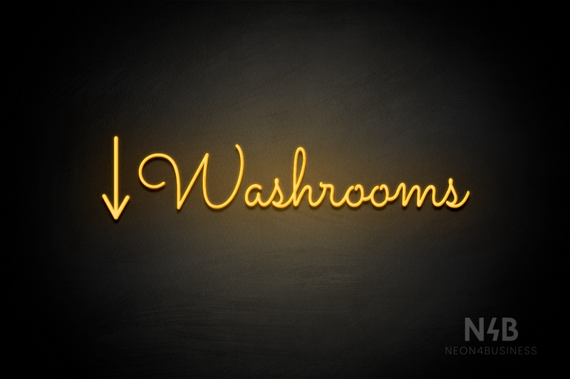 "Washrooms" (left down arrow, Kidplay font) - LED neon sign