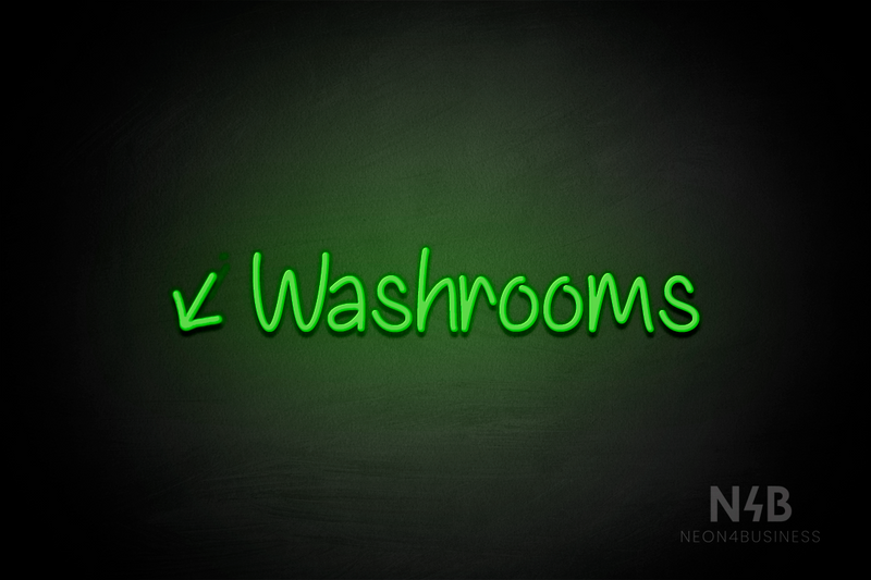 "Washrooms" (left down tilted arrow, Butterfly font) - LED neon sign