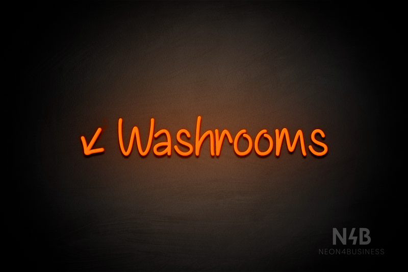 "Washrooms" (left down tilted arrow, Butterfly font) - LED neon sign