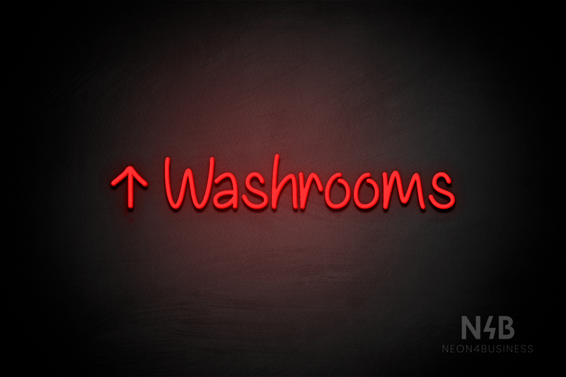 "Washrooms" (left up arrow, Butterfly font) - LED neon sign