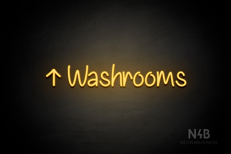 "Washrooms" (left up arrow, Butterfly font) - LED neon sign