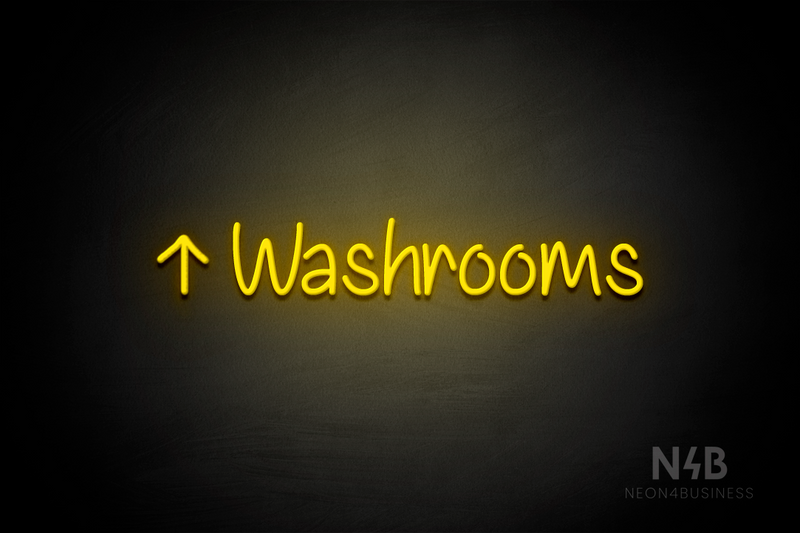 "Washrooms" (left up arrow, Butterfly font) - LED neon sign