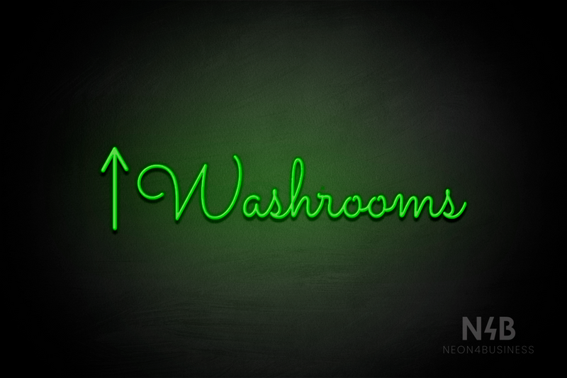 "Washrooms" (left up arrow, Kidplay font) - LED neon sign