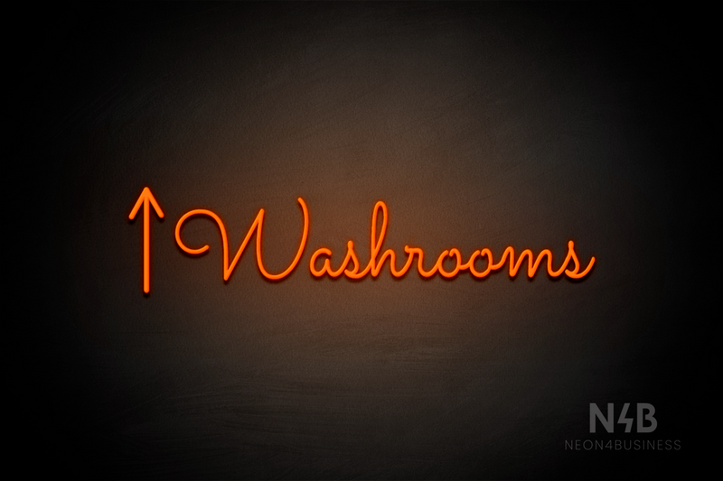 "Washrooms" (left up arrow, Kidplay font) - LED neon sign