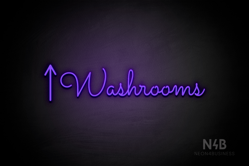 "Washrooms" (left up arrow, Kidplay font) - LED neon sign