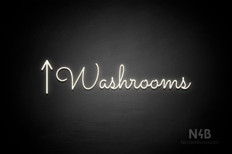 "Washrooms" (left up arrow, Kidplay font) - LED neon sign