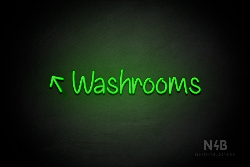 "Washrooms" (left up tilted arrow, Butterfly font) - LED neon sign