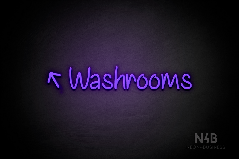 "Washrooms" (left up tilted arrow, Butterfly font) - LED neon sign