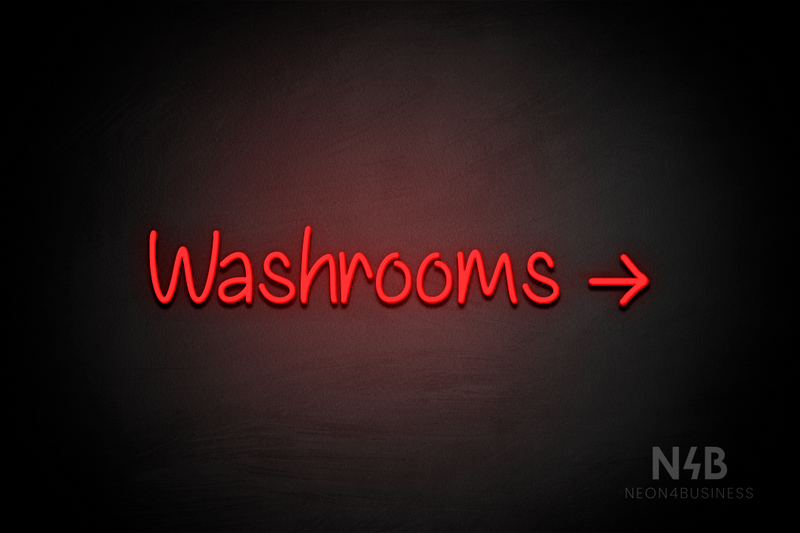 "Washrooms" (right arrow, Butterfly font) - LED neon sign