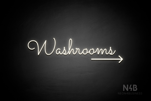 "Washrooms" (right arrow, Kidplay font) - LED neon sign