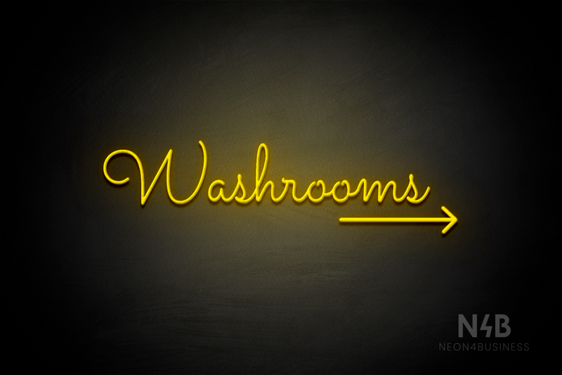 "Washrooms" (right arrow, Kidplay font) - LED neon sign