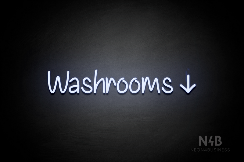"Washrooms" (right down arrow, Butterfly font) - LED neon sign