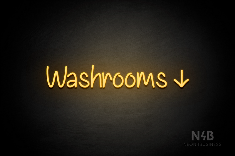 "Washrooms" (right down arrow, Butterfly font) - LED neon sign