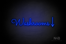 "Washrooms" (right down arrow, Kidplay font) - LED neon sign