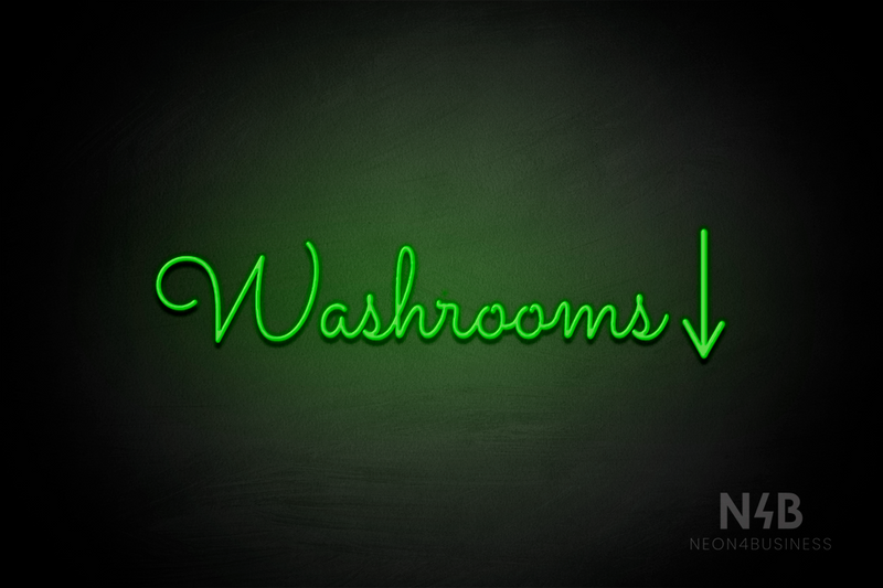 "Washrooms" (right down arrow, Kidplay font) - LED neon sign