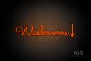 "Washrooms" (right down arrow, Kidplay font) - LED neon sign