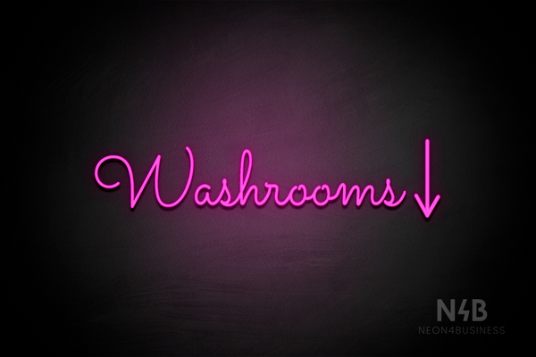 "Washrooms" (right down arrow, Kidplay font) - LED neon sign