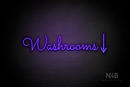"Washrooms" (right down arrow, Kidplay font) - LED neon sign