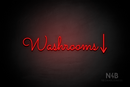 "Washrooms" (right down arrow, Kidplay font) - LED neon sign