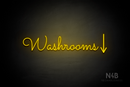 "Washrooms" (right down arrow, Kidplay font) - LED neon sign