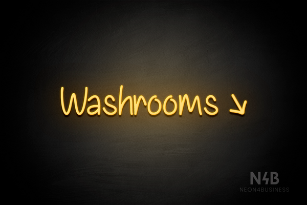 "Washrooms" (right down tilted arrow, Butterfly font) - LED neon sign