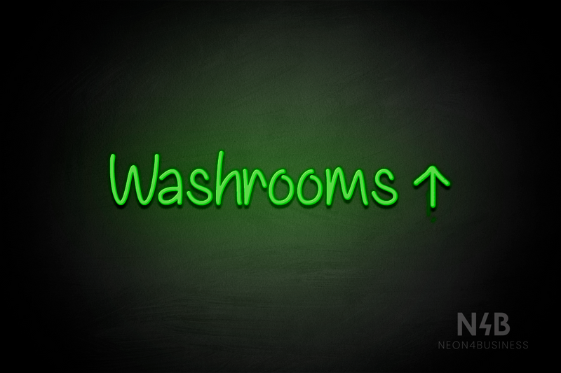 "Washrooms" (right up arrow, Butterfly font) - LED neon sign