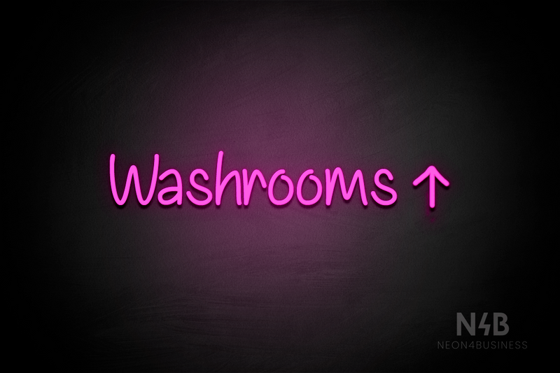 "Washrooms" (right up arrow, Butterfly font) - LED neon sign