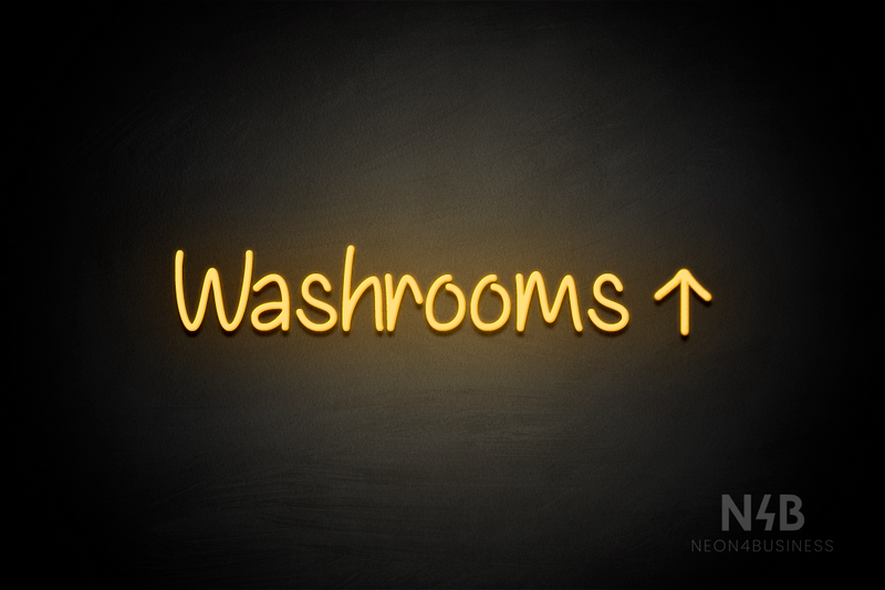 "Washrooms" (right up arrow, Butterfly font) - LED neon sign